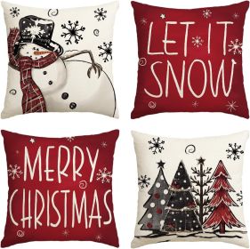 Merry Christmas Snowman Let It Snow Throw Pillow Covers, 18 x 18 Inch Xmas Tree Winter Holiday Cushion Case Decoration for Sofa Couch Set of 4